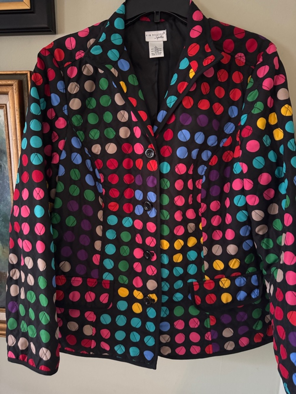 Vintage Vtg Rainbow 🌈 Colorful Polka Dot Jacket Coat Black Background Size L